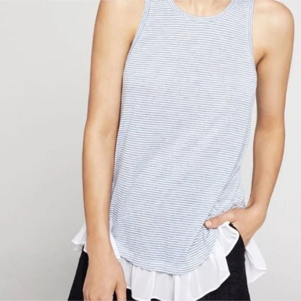 BCBGeneration Tank Top Sleeveless Ruffled Sheer Hem Blue White Stripe Size XS